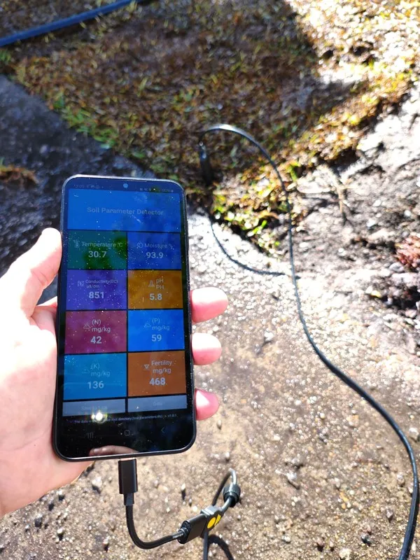 Hand holding phone with soil sensor readings showing temperature, moisture, pH and NPK values next to freshly laid turf