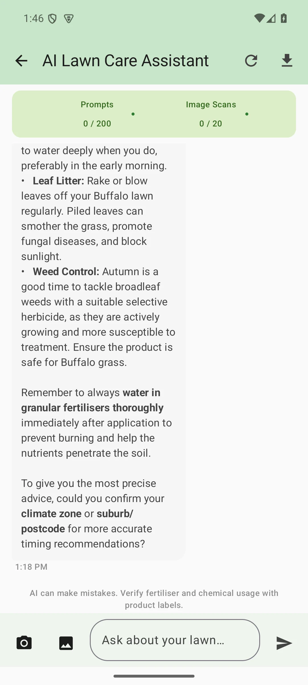 LawnSuite AI Lawn Care Assistant chat showing detailed Buffalo grass autumn care advice with prompt and image scan quota badges