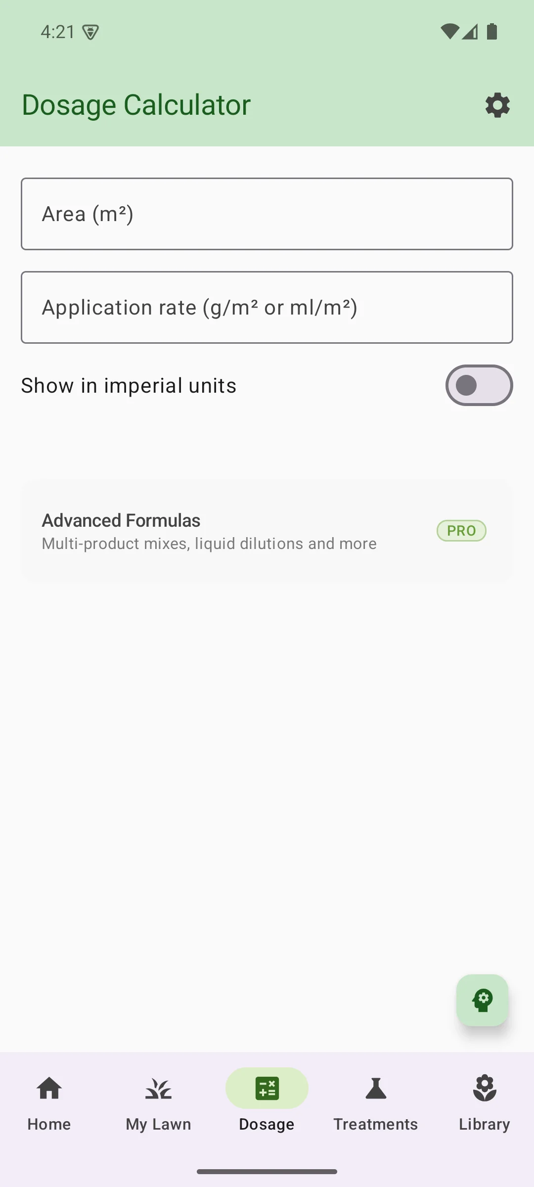 LawnSuite dosage calculator screen for converting product label rates to exact grams or millilitres for your zone area