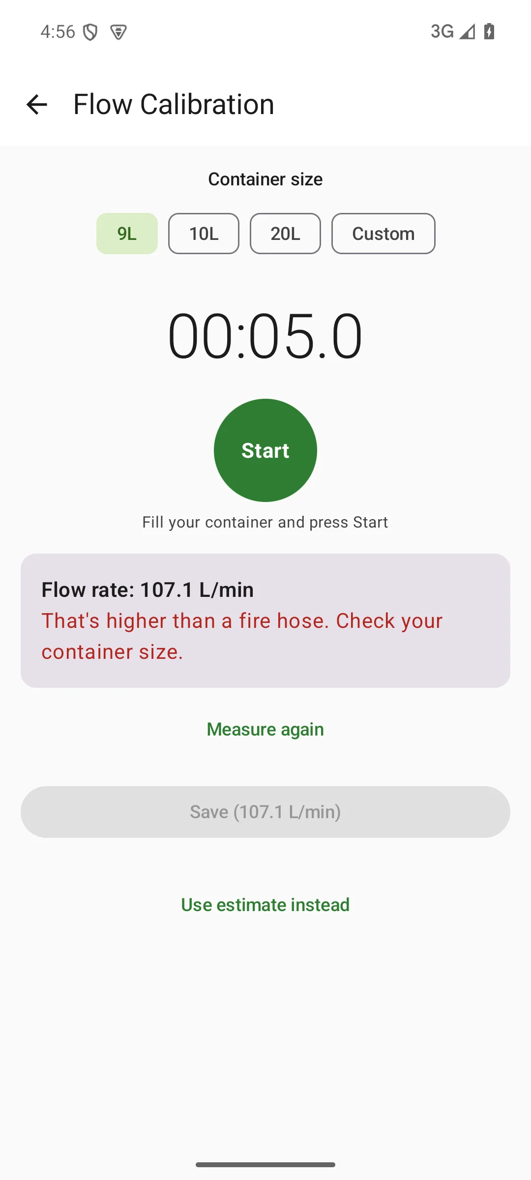 LawnSuite Flow Calibration screen showing 107.1 L/min with validation warning that it's higher than a fire hose