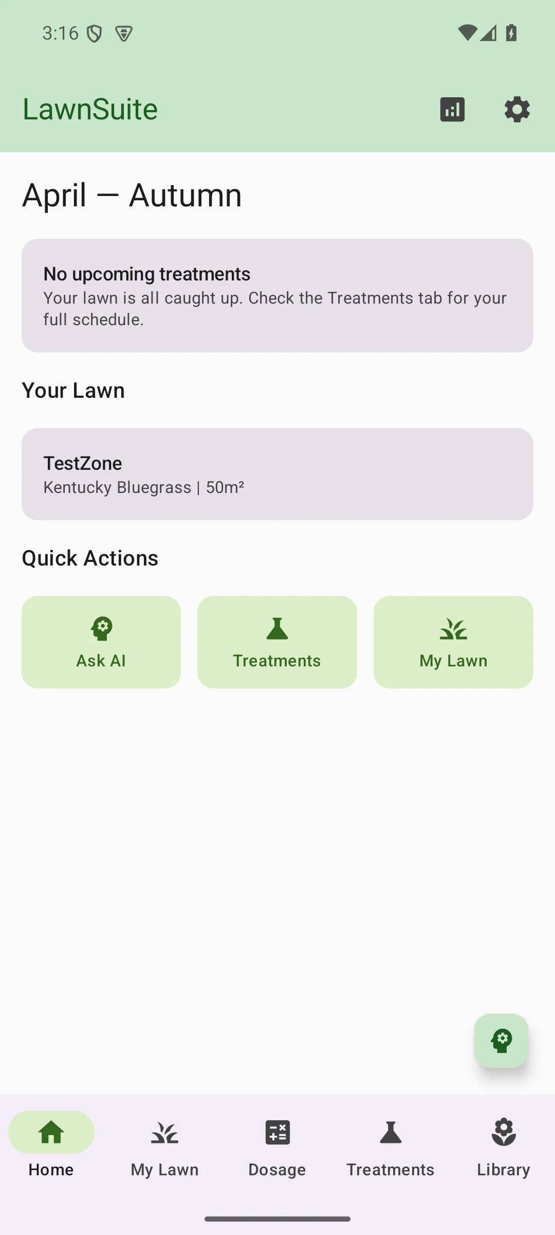 LawnSuite home screen showing April — Autumn season card, TestZone card and Quick Actions for Ask AI, Treatments, My Lawn