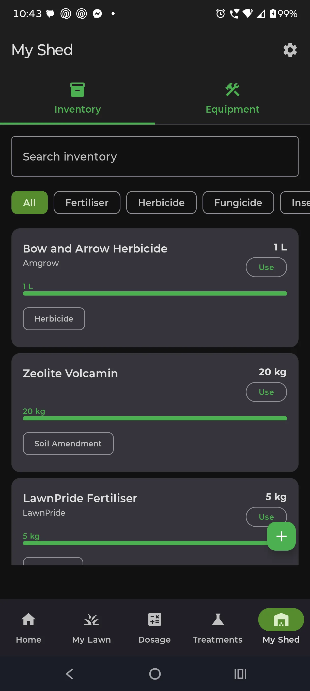 LawnSuite My Shed inventory listing a herbicide, a soil amendment and a fertiliser with their brands, pack sizes and categories