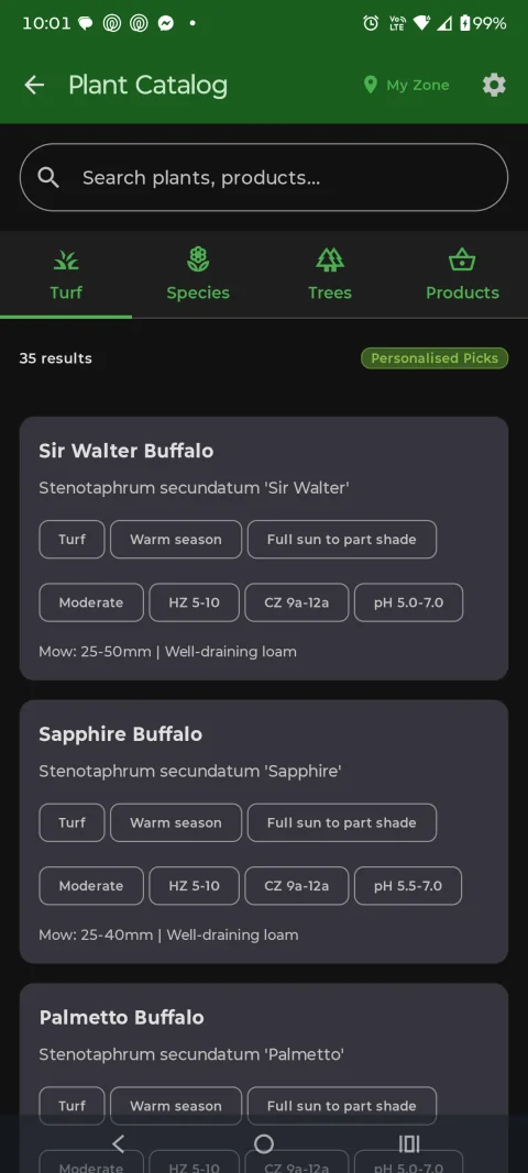 LawnSuite plant catalogue showing 35 turf results with tabs for turf, species, trees and products, and a Sir Walter Buffalo card with its botanical name