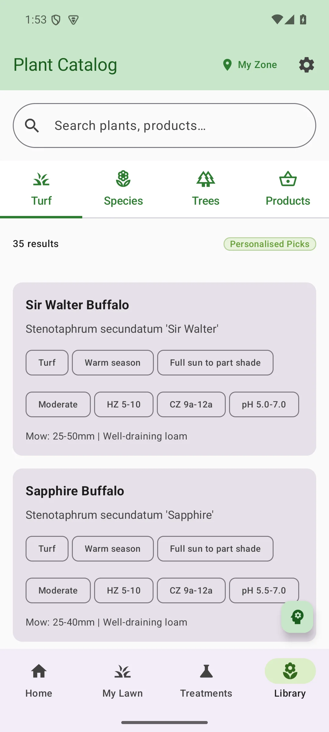 LawnSuite plant catalog screen showing 35 Australian turf varieties with Sir Walter Buffalo and Sapphire Buffalo cards showing sun, soil and mowing requirements
