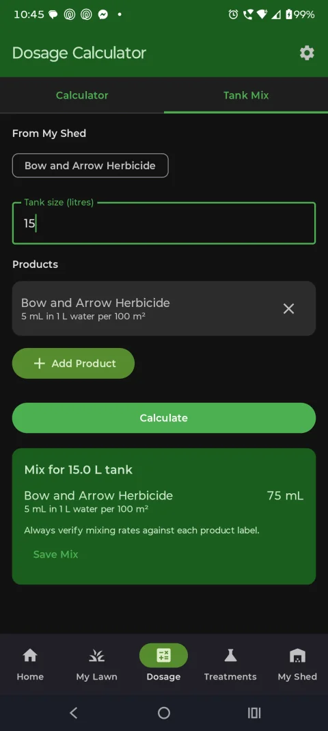 LawnSuite Tank Mix screen with a 15 litre tank size set and a product added from My Shed at its own saved label rate, showing the millilitres needed for the batch