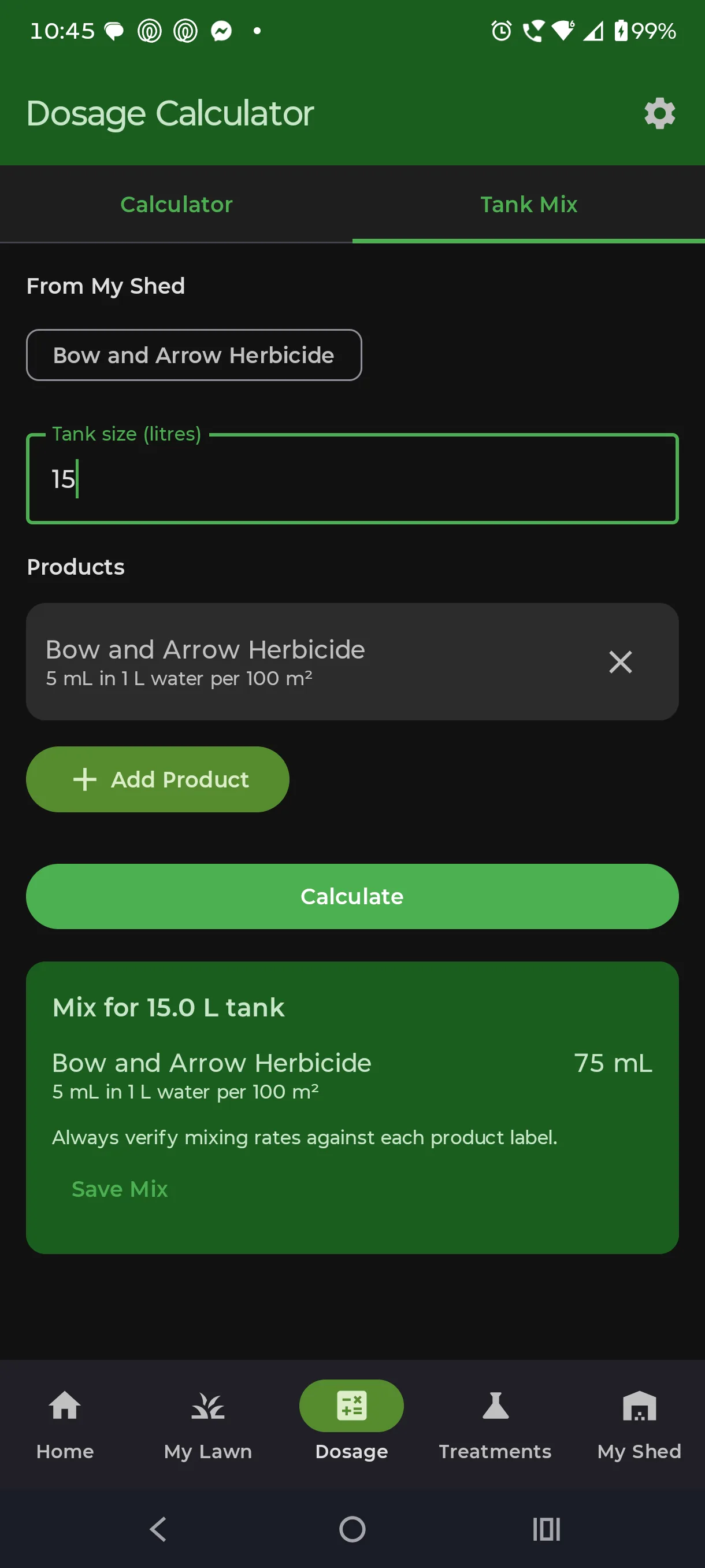 LawnSuite Tank Mix screen with a 15 litre tank size set and a product added from My Shed at its own saved label rate, showing the millilitres needed for the batch