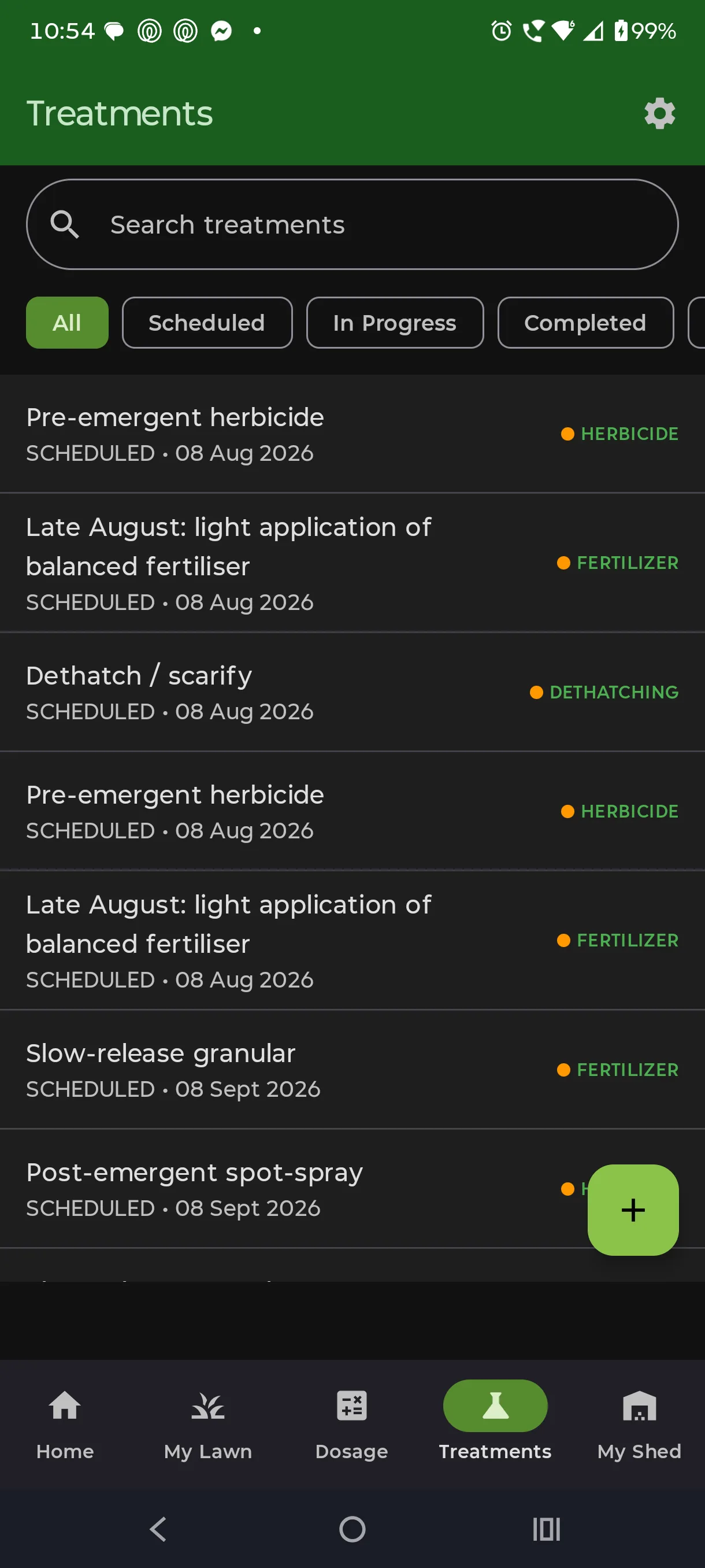 LawnSuite treatments list showing scheduled pre-emergent herbicide, balanced fertiliser, dethatching and slow-release granular entries with dates and status filters