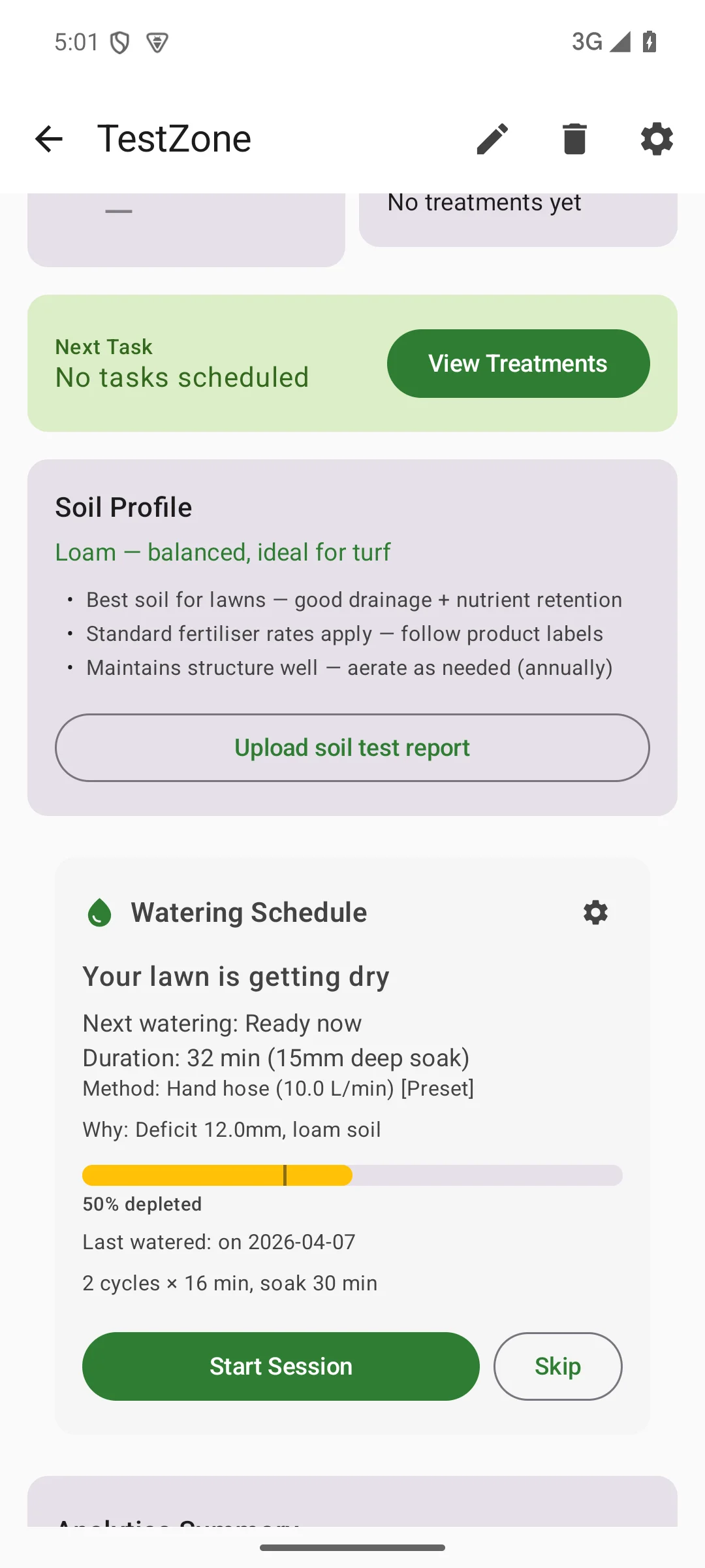 LawnSuite watering schedule card showing 32 minute deep soak session, 12 millimetre deficit, 50 percent depleted deficit bar and start session button