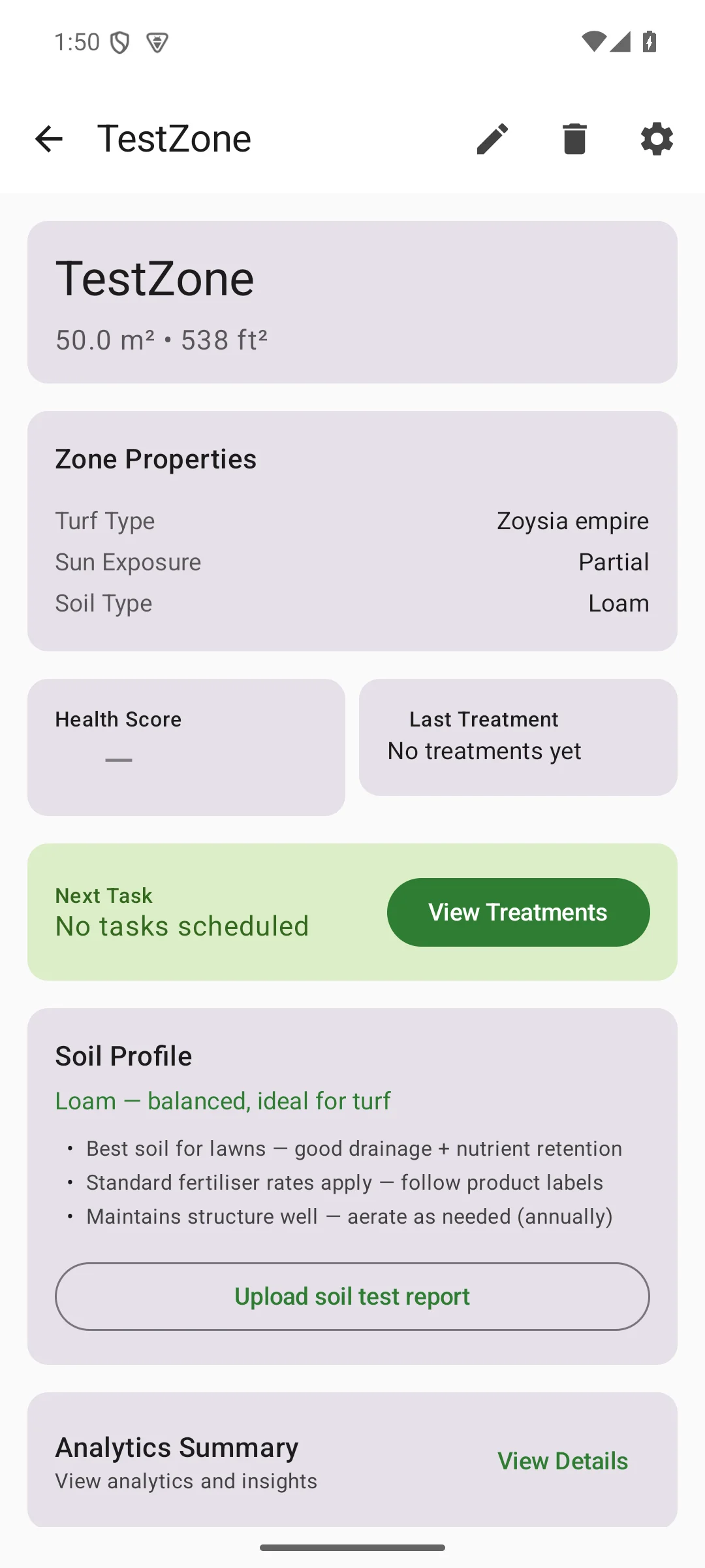 LawnSuite zone detail screen for TestZone showing 50 square metre area, Zoysia empire turf type, partial sun, loam soil and analytics summary